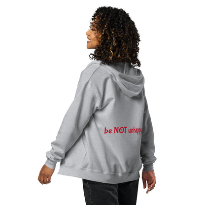 Person wearing a gray hoodie with 'be NOT unhappy' text on the back, on a white background