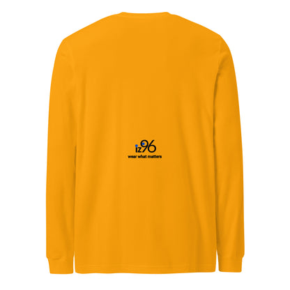 Mandarin orange long-sleeve shirt with graphic logo text on a white background