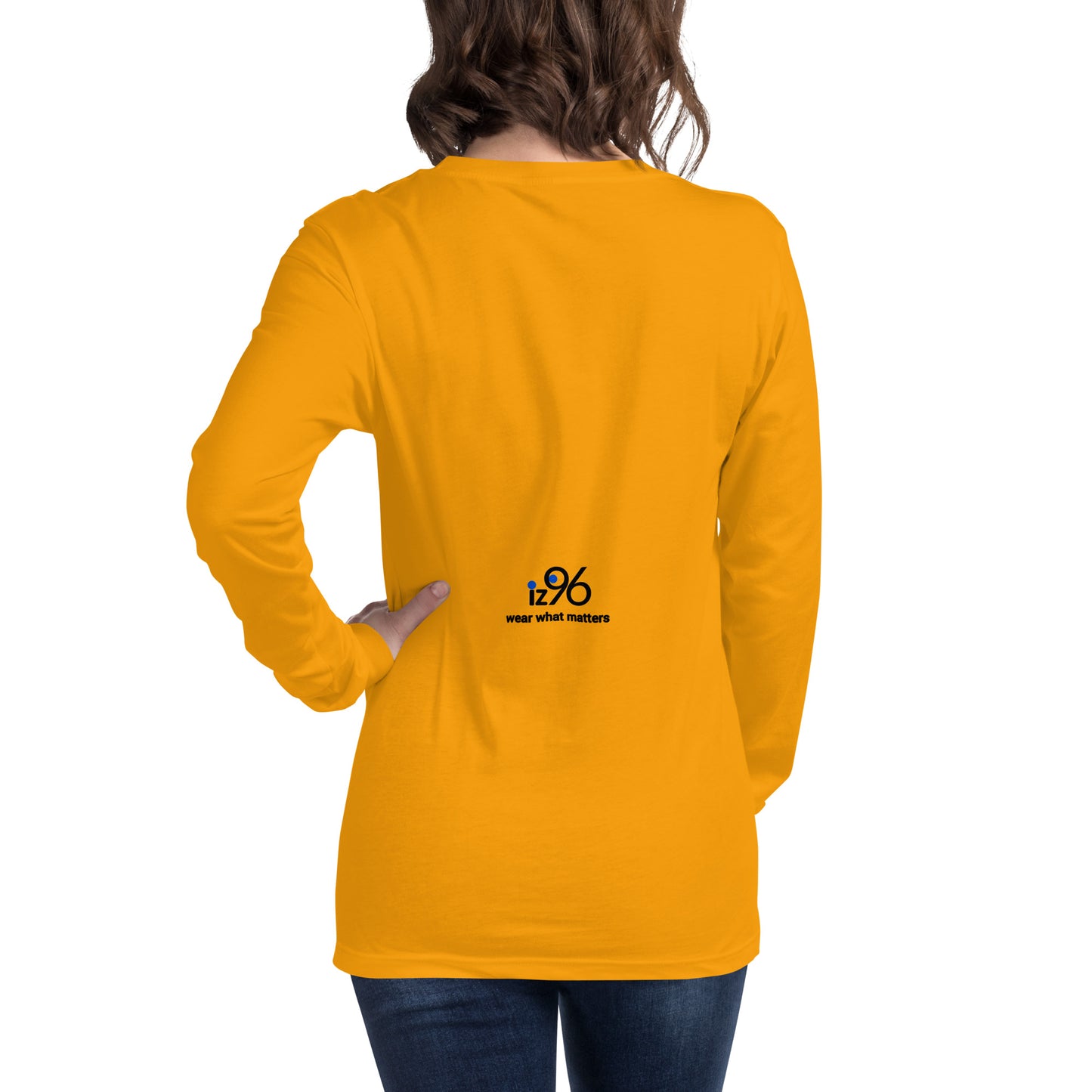 Person wearing a yellow gold long-sleeve shirt with a logo on a white background