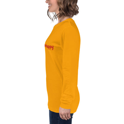 Person wearing a yellow gold long-sleeve shirt with 'be not unhappy' text on a white background