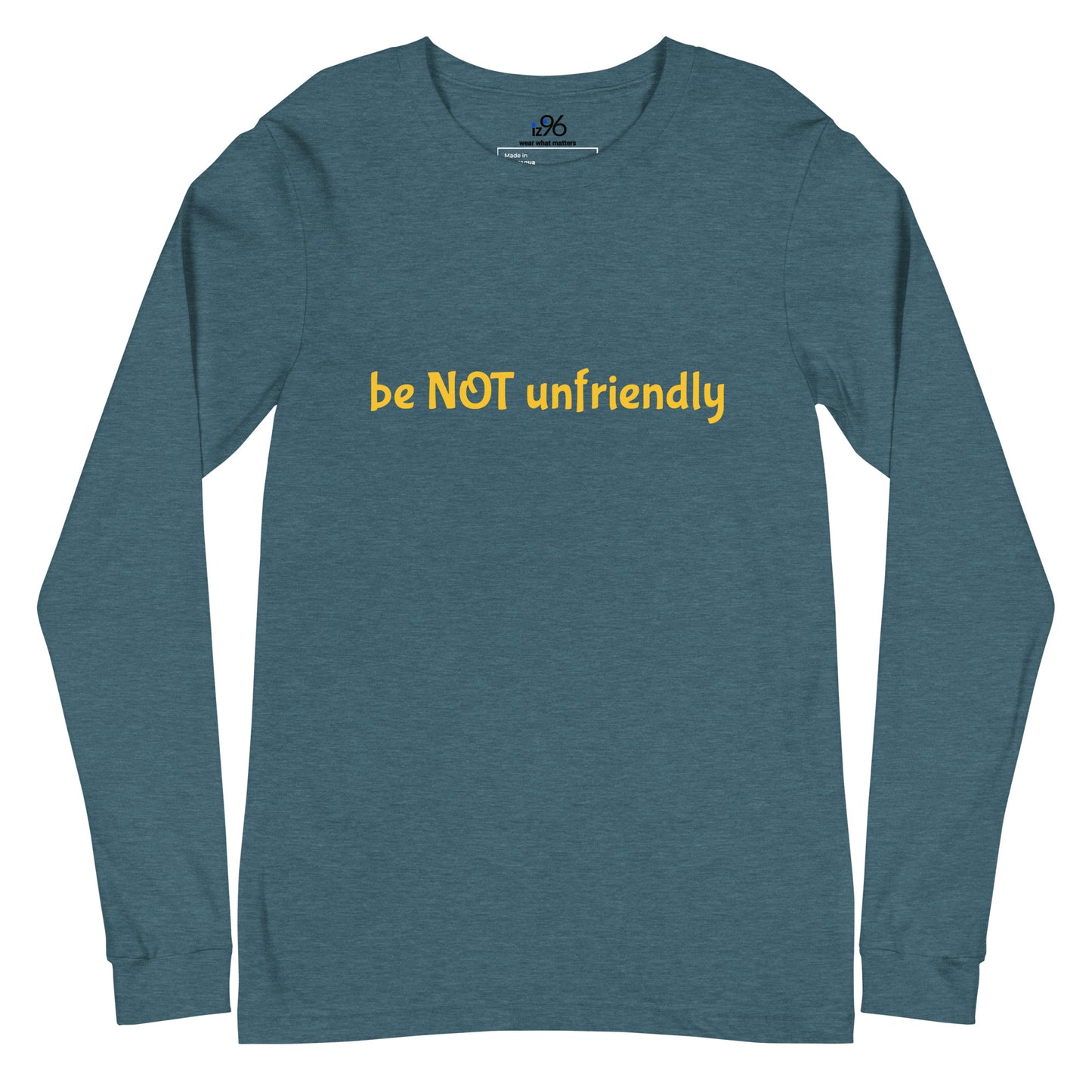 Teal long-sleeve shirt with a text design on a white background