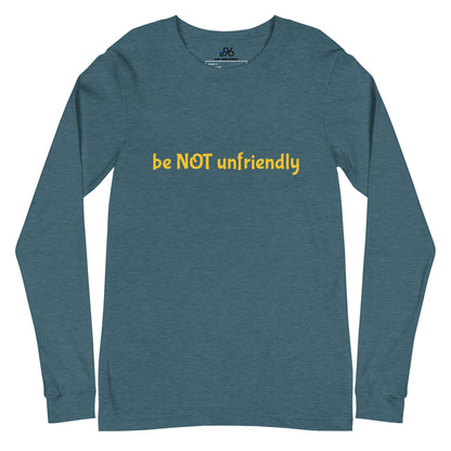 Teal long-sleeve shirt with a text design on a white background