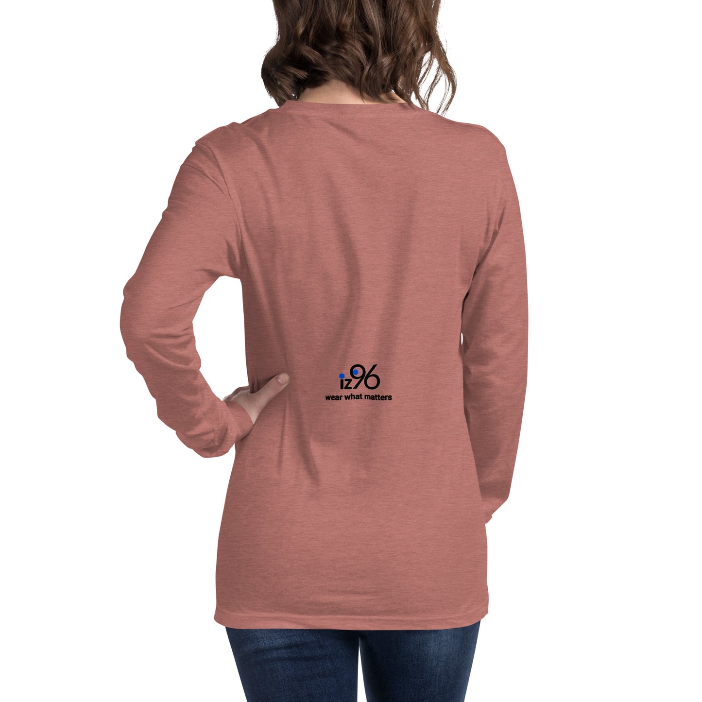 Person wearing a long-sleeve shirt with a logo on the back, on a white background