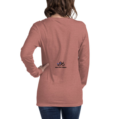 Person wearing a long-sleeve shirt with a logo on the back, on a white background