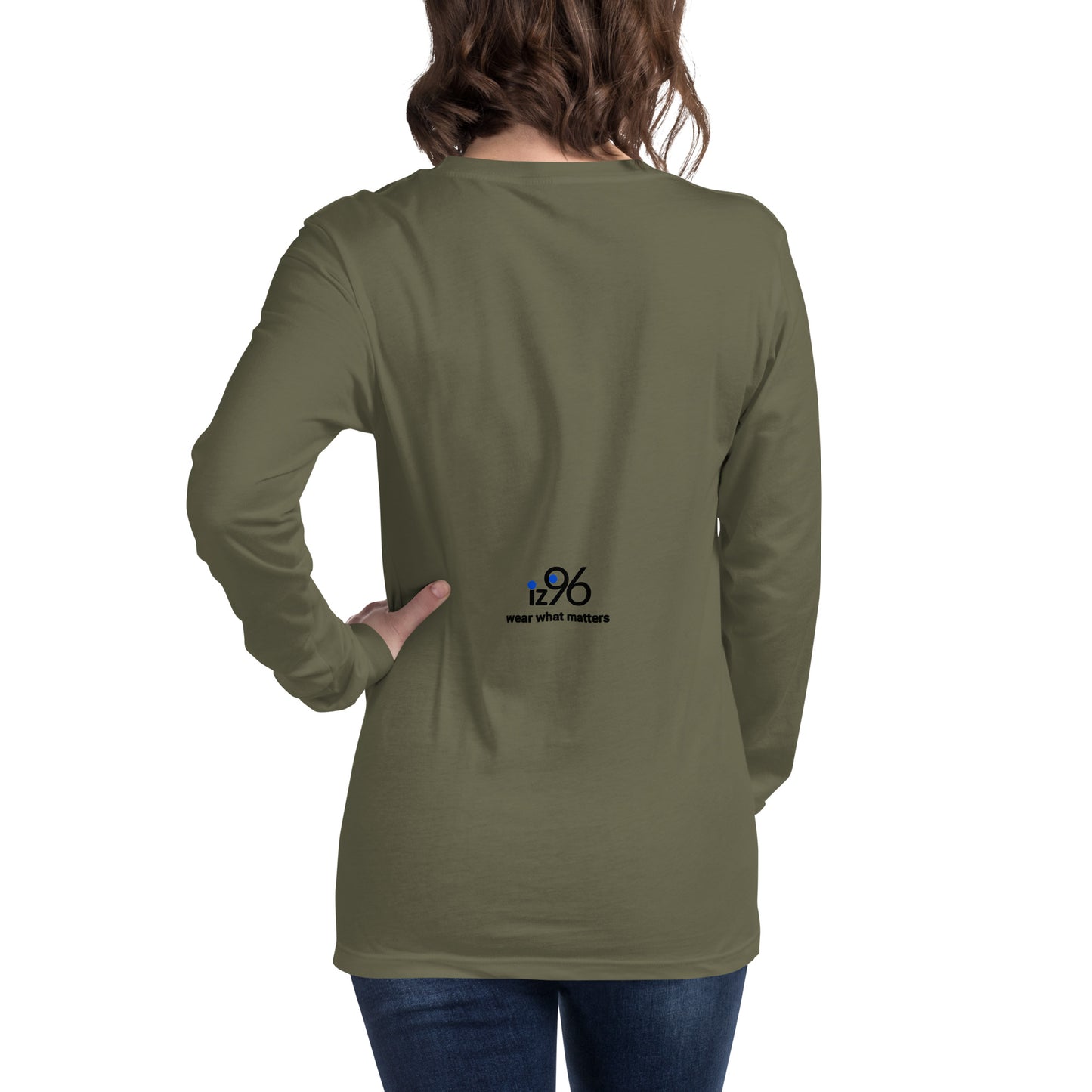 Person wearing a military green long-sleeve shirt with a logo on a white background