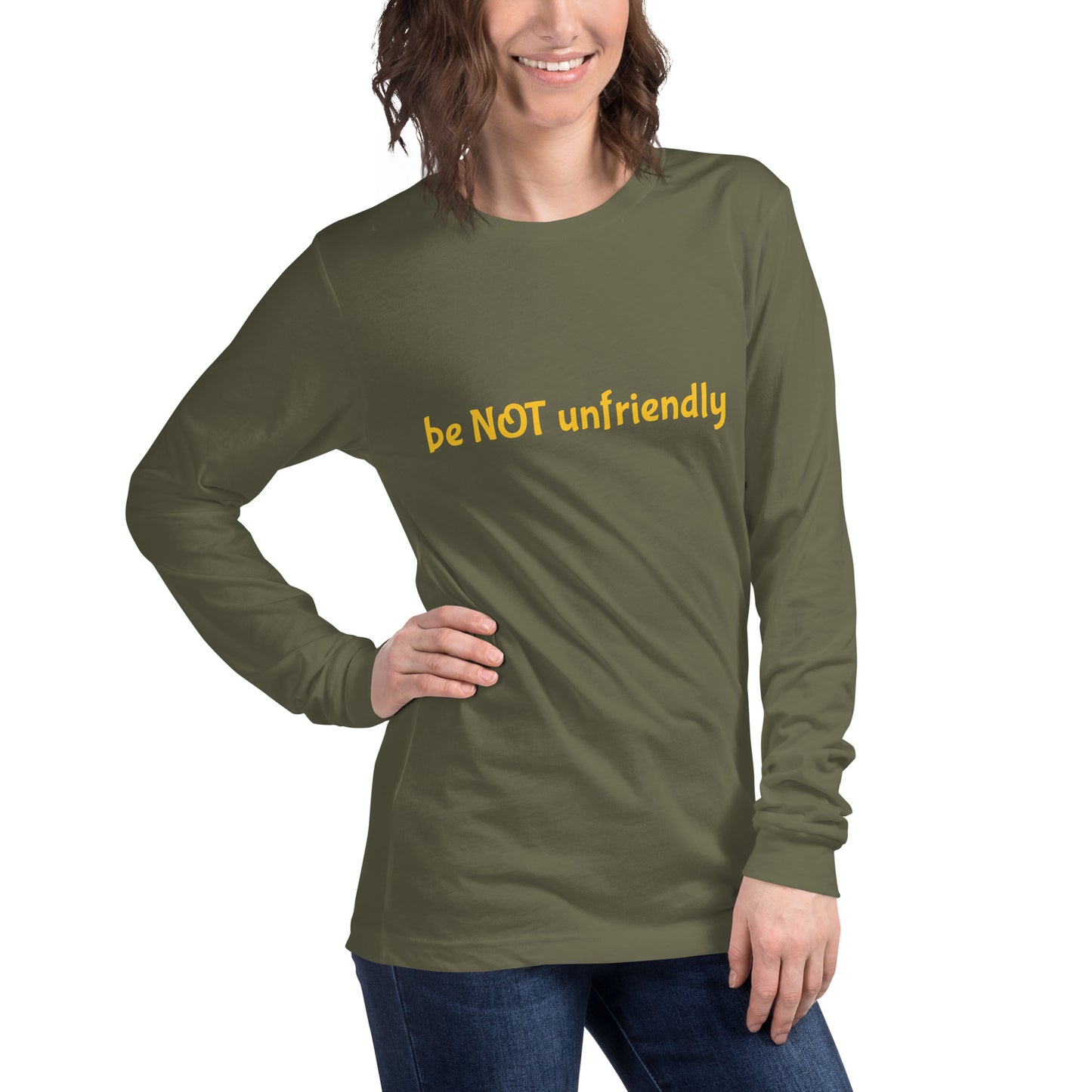 Woman wearing an olive green long-sleeve shirt on a white background