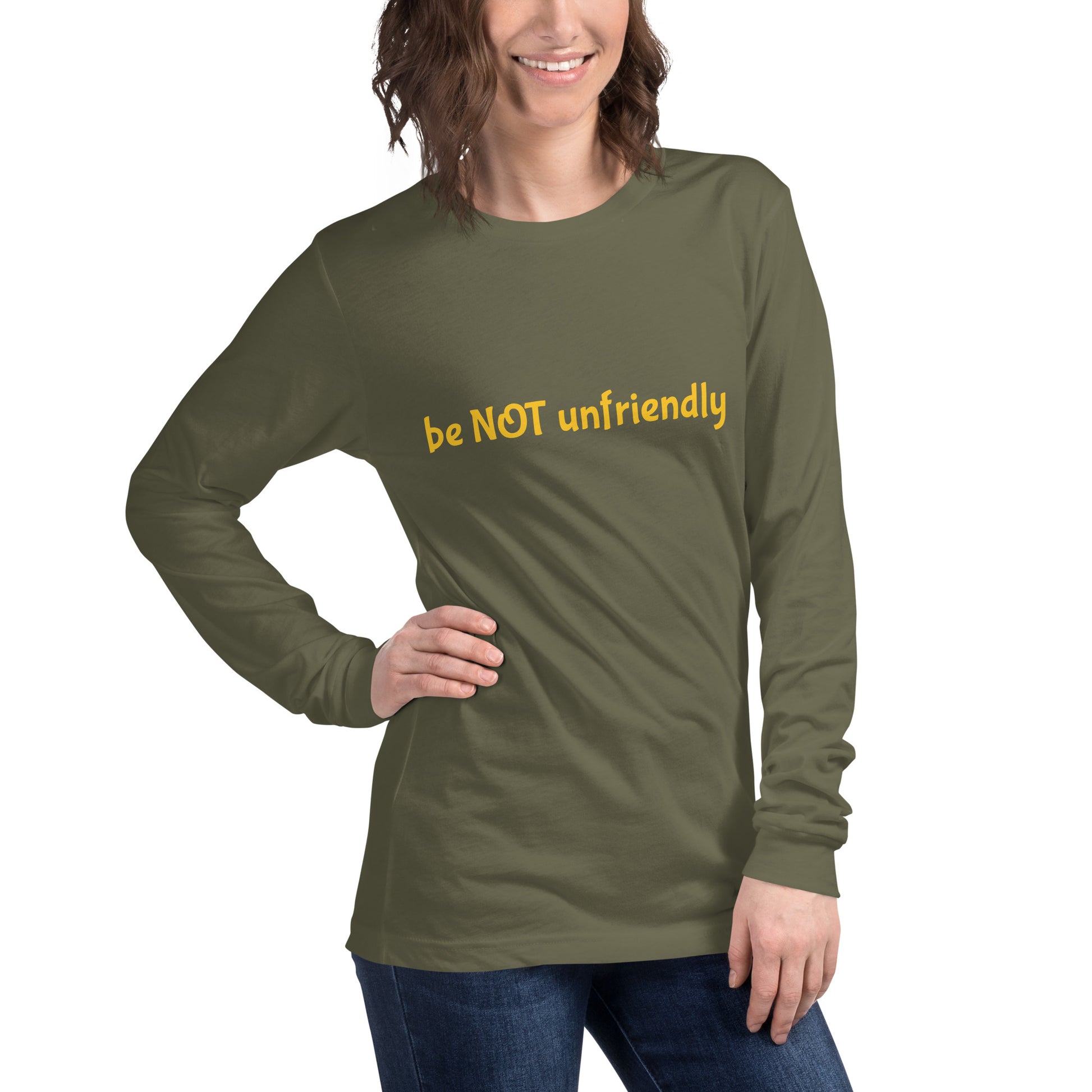 Woman wearing an olive green long-sleeve shirt on a white background