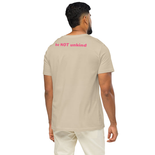 Man wearing a beige t-shirt with 'be NOT unkind' text on the back, standing against a white background.