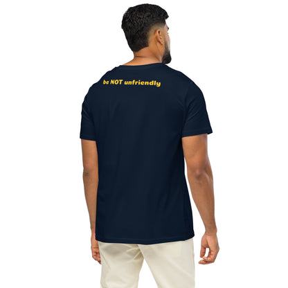 Man wearing a navy blue t-shirt with yellow text on the back, standing against a white background