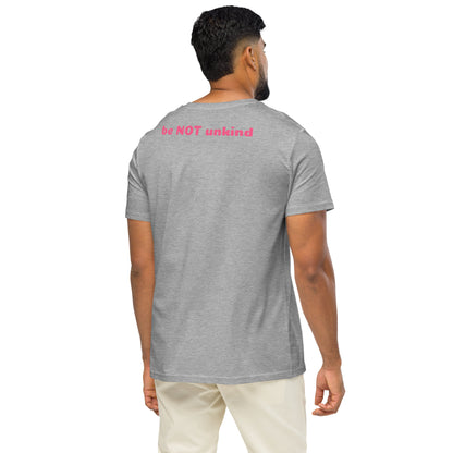 Man wearing a gray t-shirt with 'be NOT unkind' text on the back, standing against a white background.