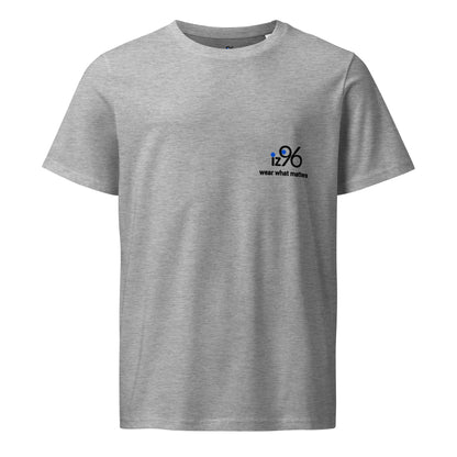 Gray t-shirt with a logo and text on a white background