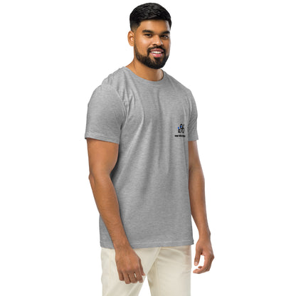 Man wearing a gray t-shirt with a logo on a white background