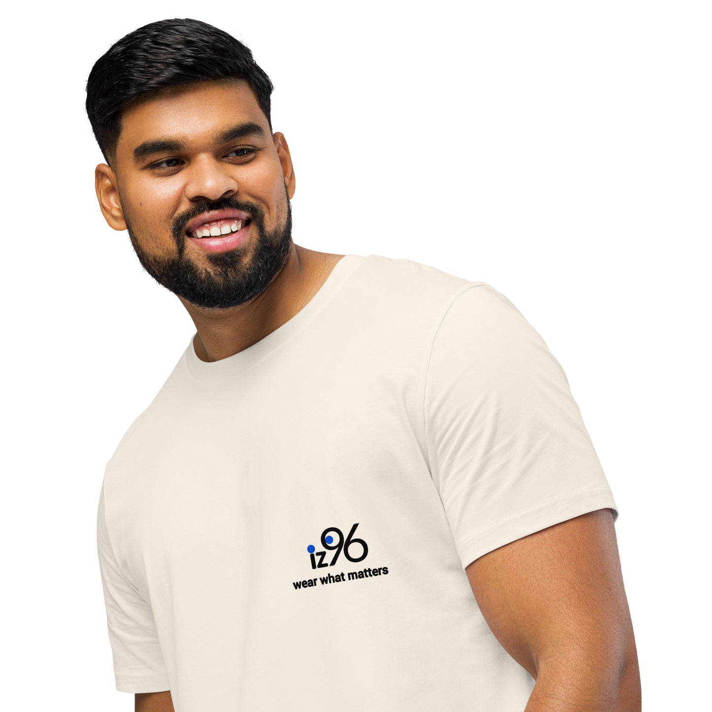 Man wearing a white t-shirt with a logo and text on a white background