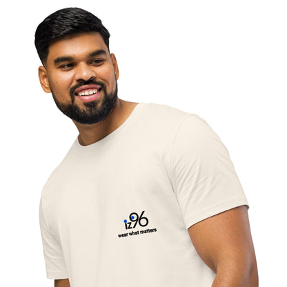 Man wearing a white t-shirt with a logo and text on a white background