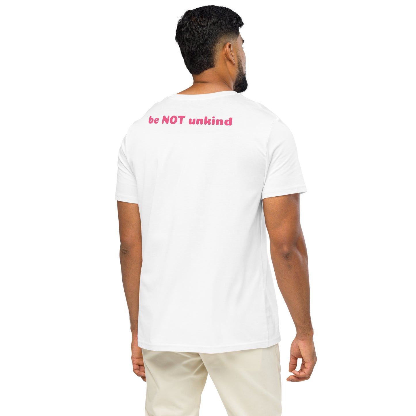 Man wearing a white t-shirt with pink text on the back against a white background