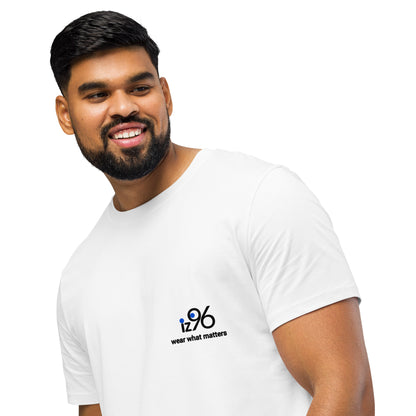 Man wearing a white t-shirt with a logo and text on a white background