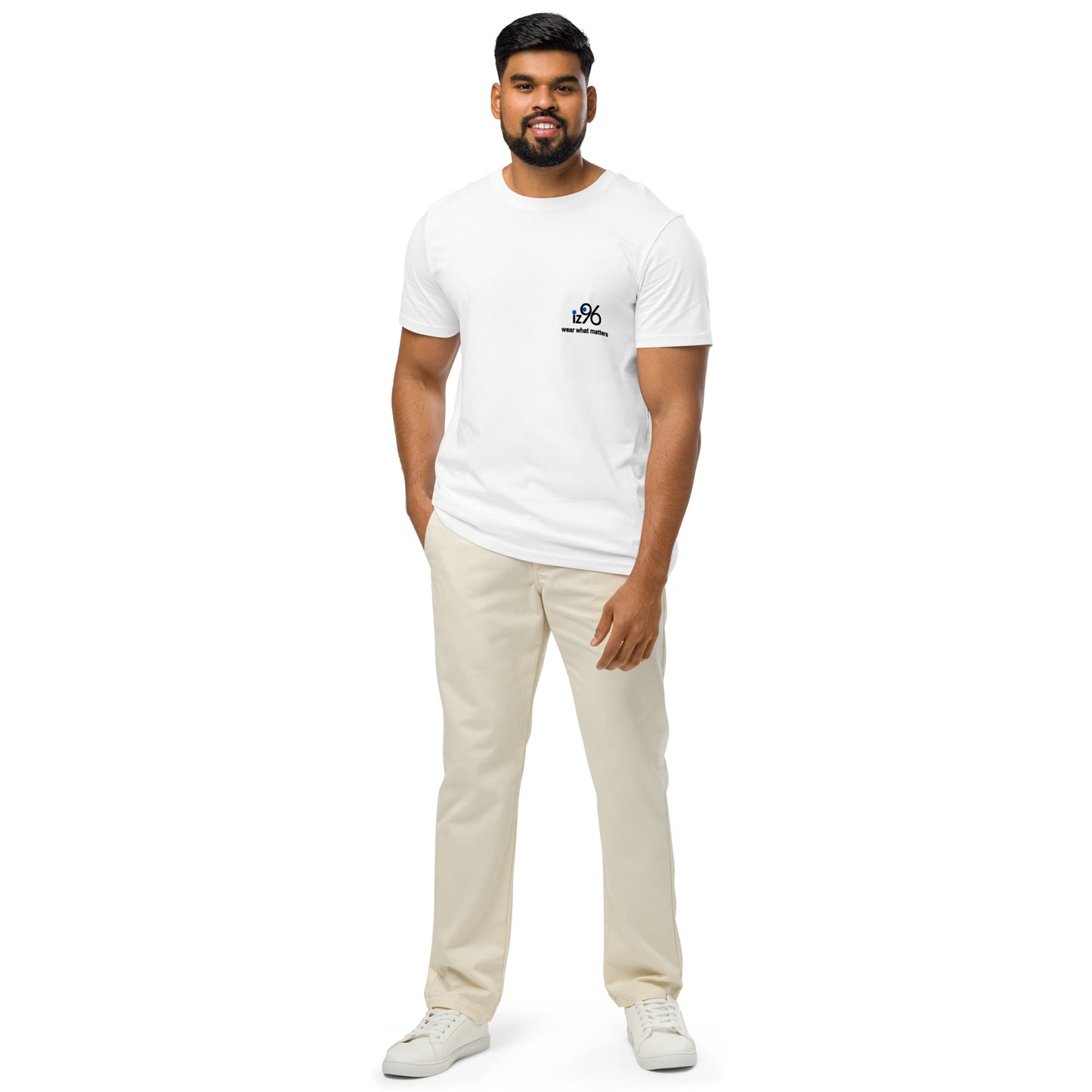 Man wearing a white t-shirt and beige pants on a white background