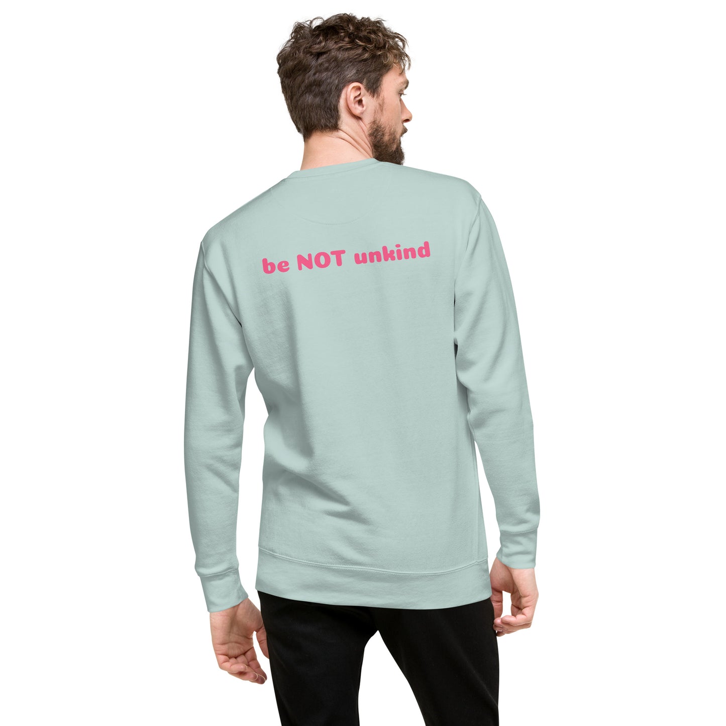 Man wearing a light blue sweatshirt on a white background