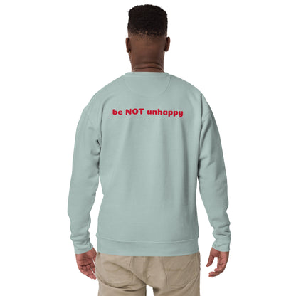 Person wearing a light blue sweatshirt with 'be not unhappy' printed on the back, standing against a white background.