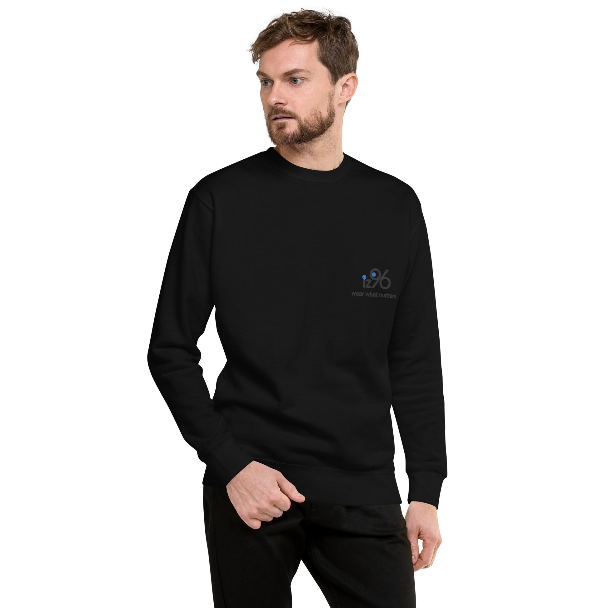 Man wearing a black long-sleeve shirt with 'wear what matters' logo on a white background