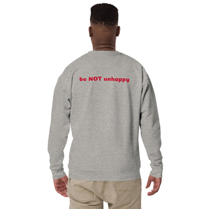 Person wearing a gray sweatshirt with 'be NOT unhappy' text on the back, standing against a white background.