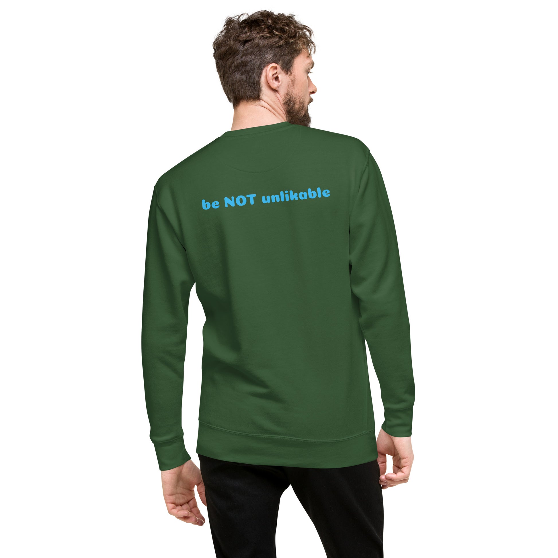 Man wearing a forest green sweatshirt on the back against a white background