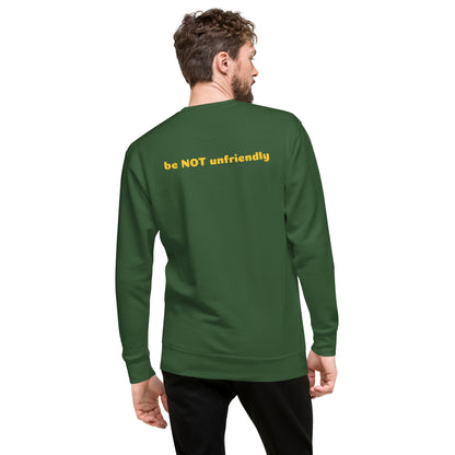 Man wearing a forest green sweatshirt with text on the back against a white background