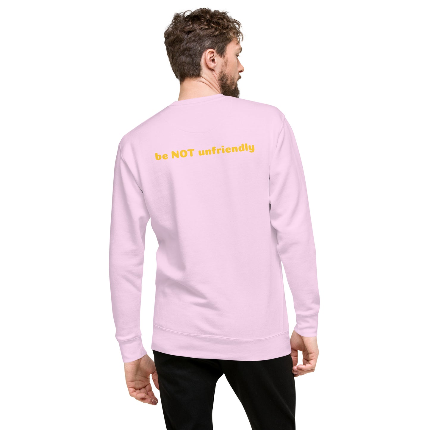 Man wearing a lavender long-sleeve shirt on a white background