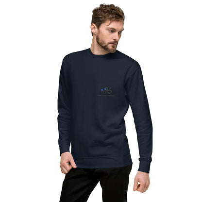 Man wearing a navy long-sleeve shirt on a white background