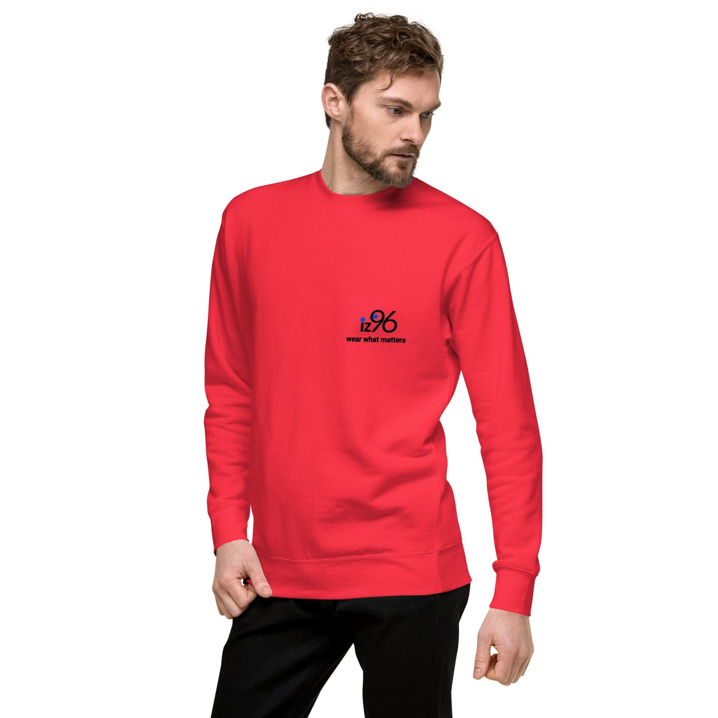 Man wearing a red sweatshirt with logo on a white background
