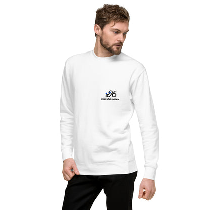 Man wearing a white sweatshirt with a logo on a white background