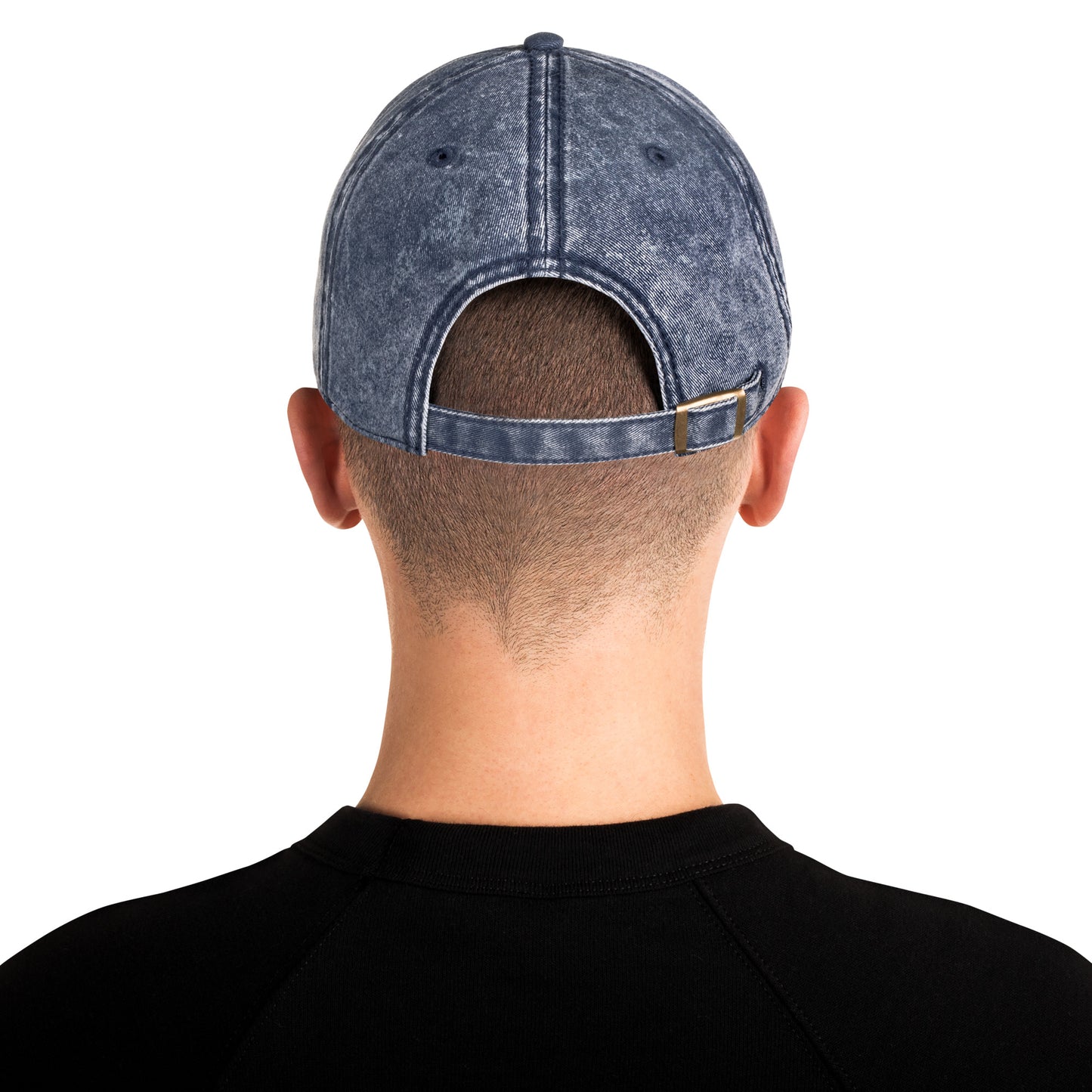 Person wearing a gray denim cap from behind on a white background