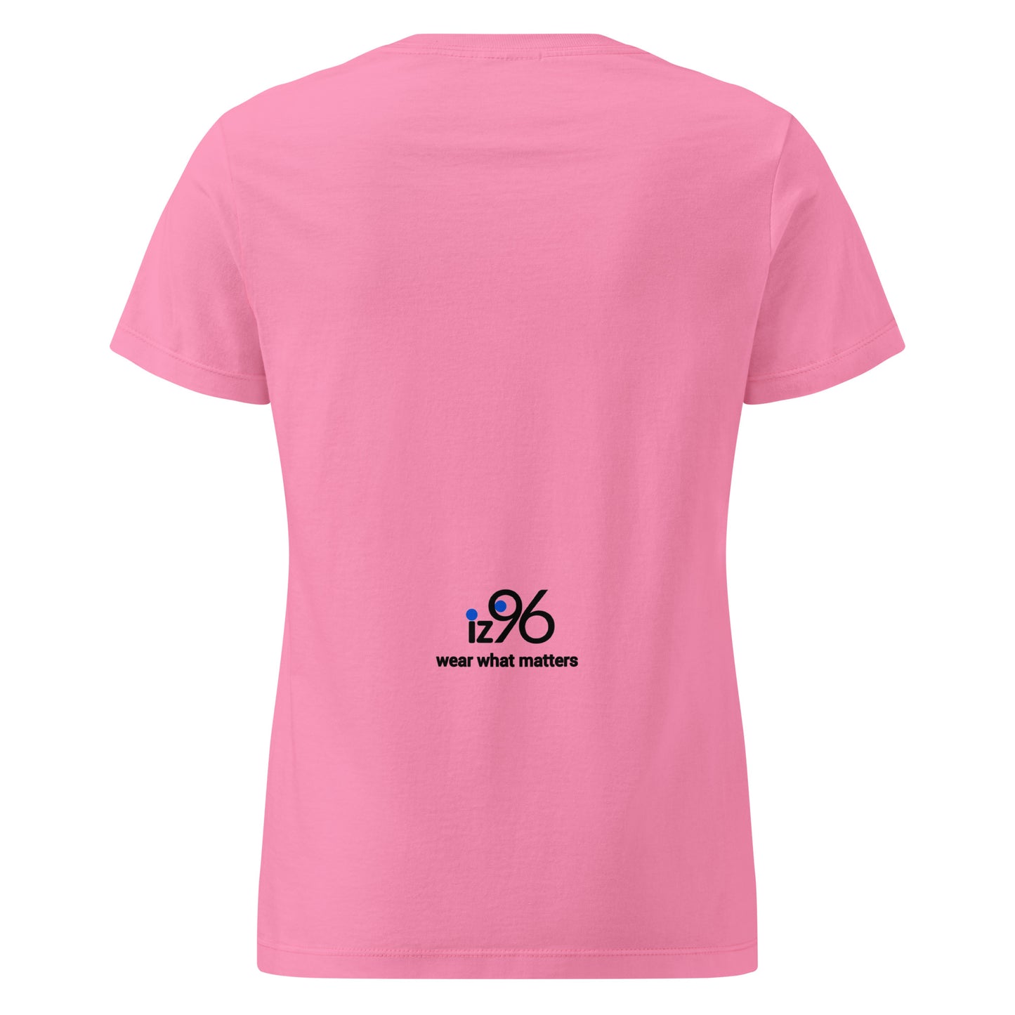 Pink t-shirt with a logo and text on the back against a white background