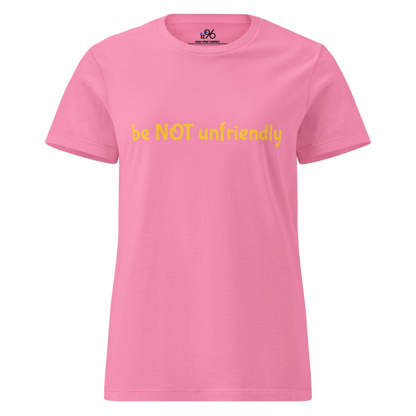 Pink t-shirt with a graphic and text on a white background
