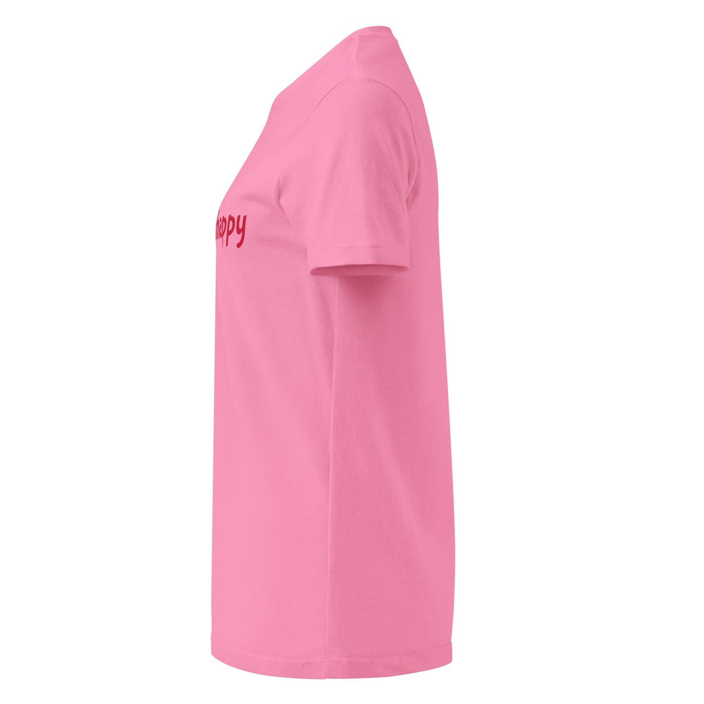 Pink t-shirt with text on a white background