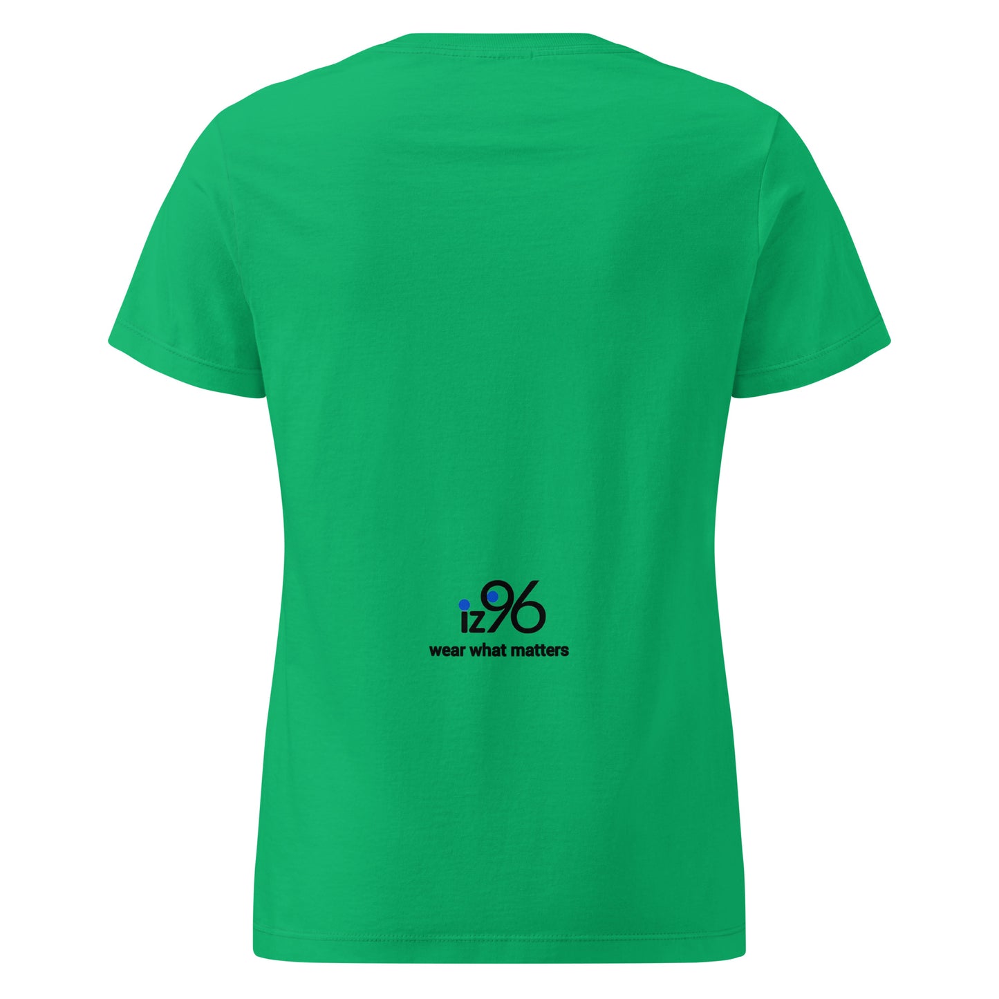 Green t-shirt with a logo and text on the back against a white background