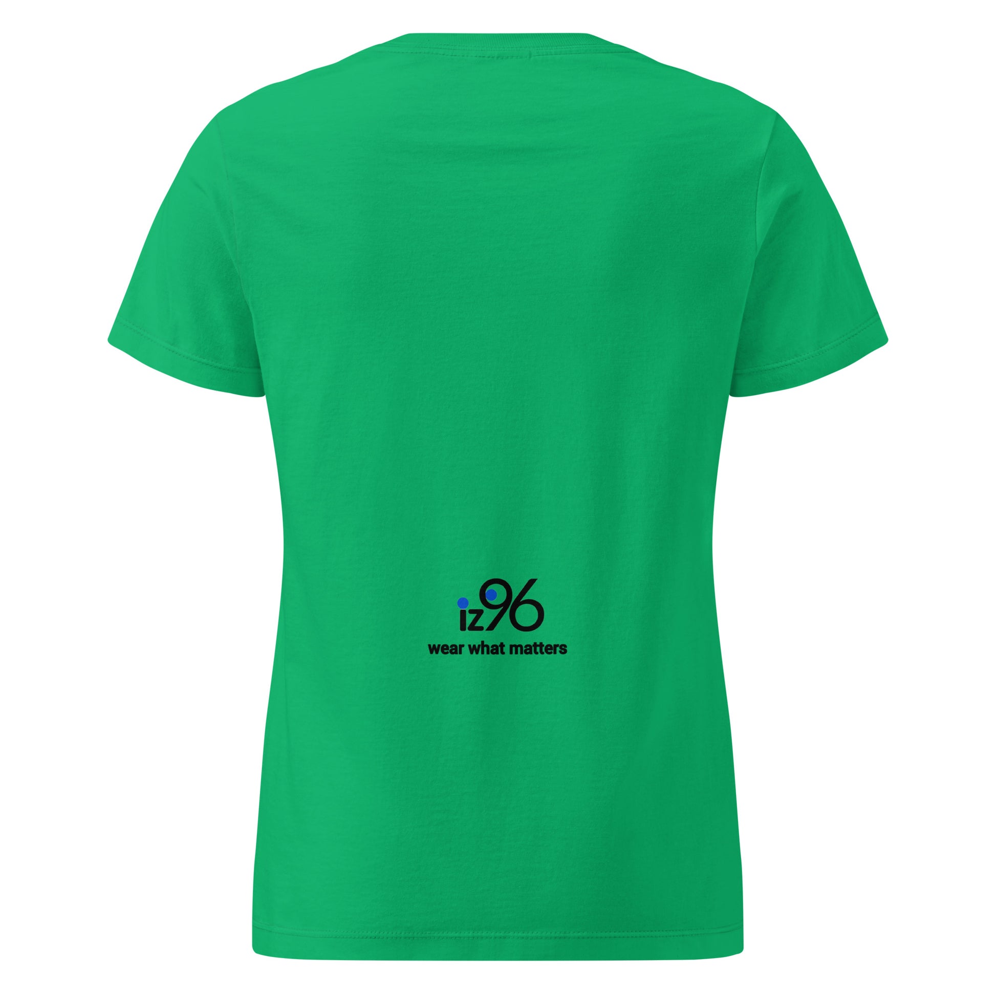 Green t-shirt with a logo and text on the back against a white background