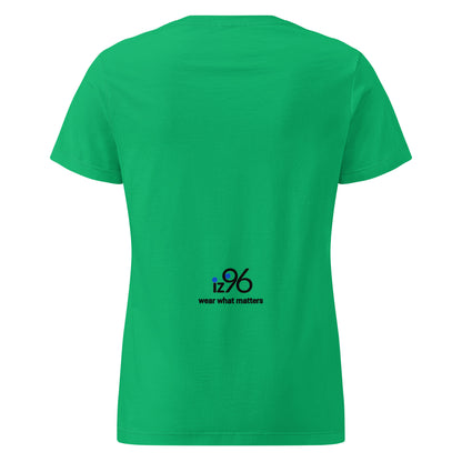 Green t-shirt with a logo and text on the back against a white background