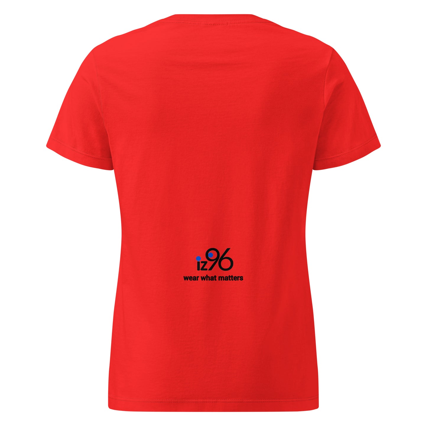 Red t-shirt with a logo and text on the back against a white background