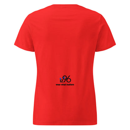 Red t-shirt with a logo and text on the back against a white background