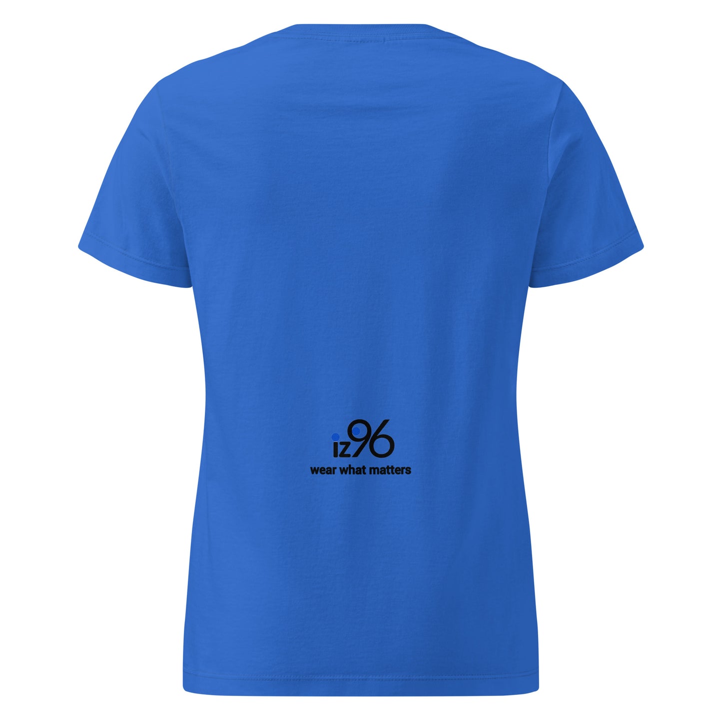 Blue t-shirt with a logo and text on the back against a white background