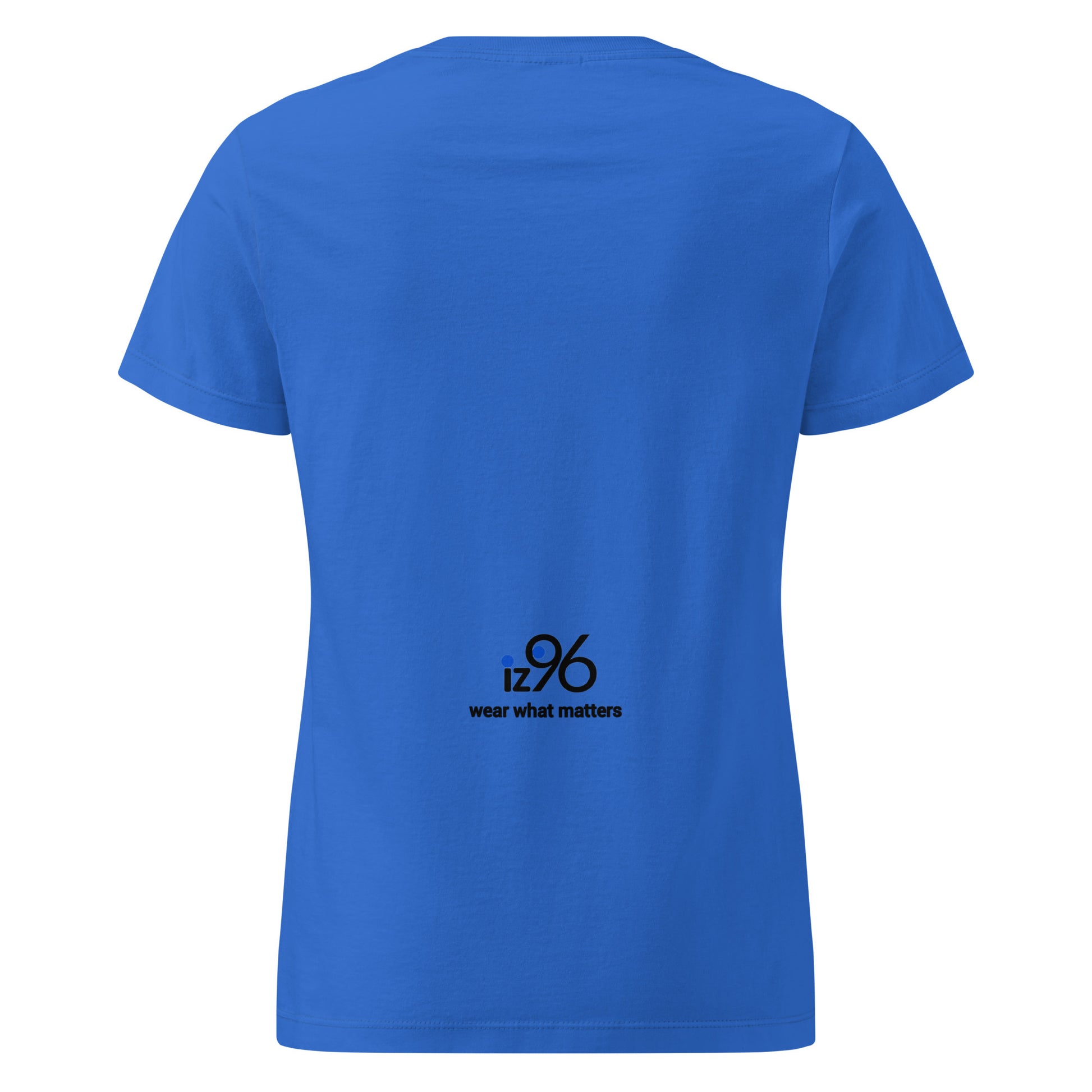 Blue t-shirt with a logo and text on the back against a white background