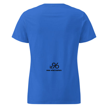 Blue t-shirt with a logo and text on the back against a white background