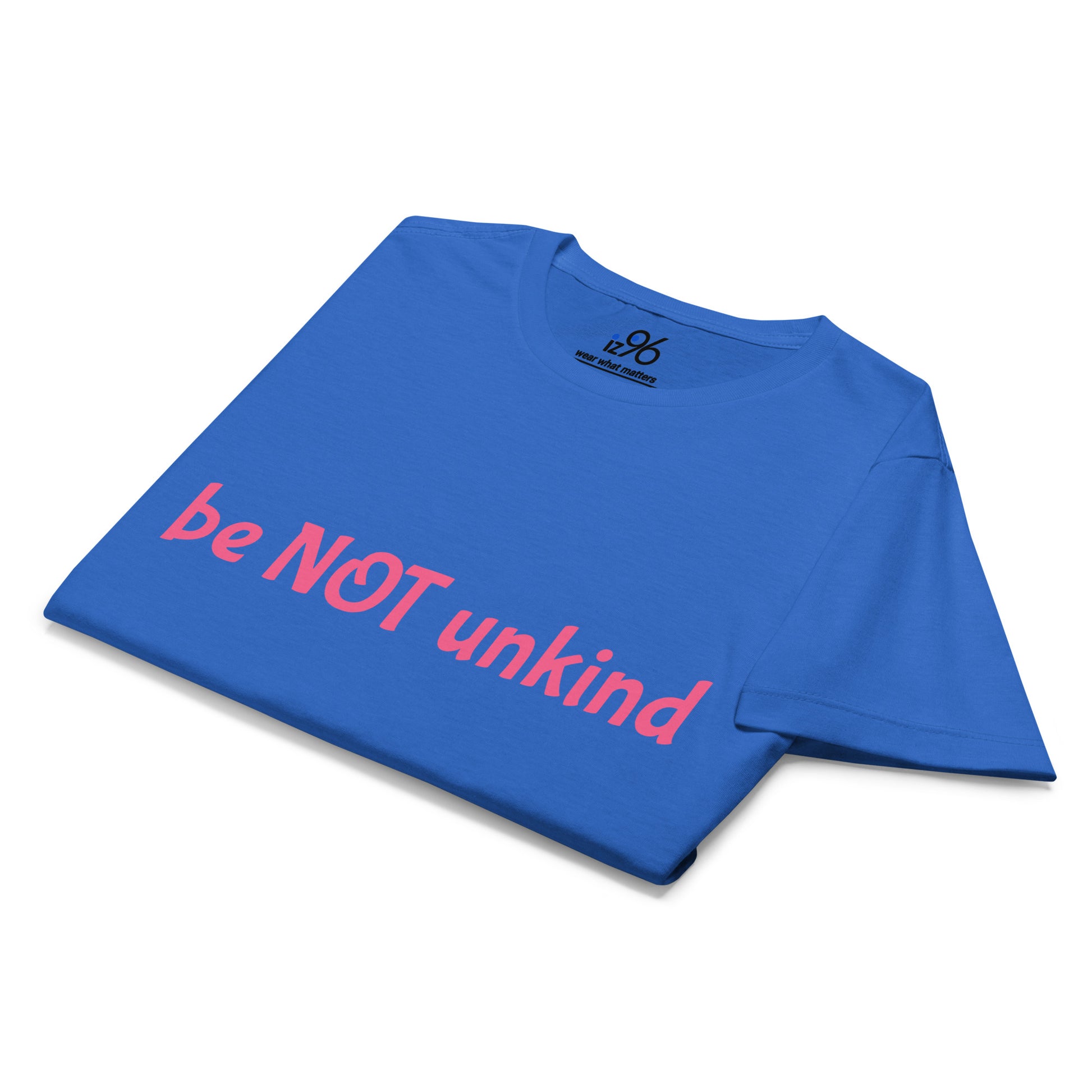 Cobalt blue t-shirt with colorful graphic and white background
