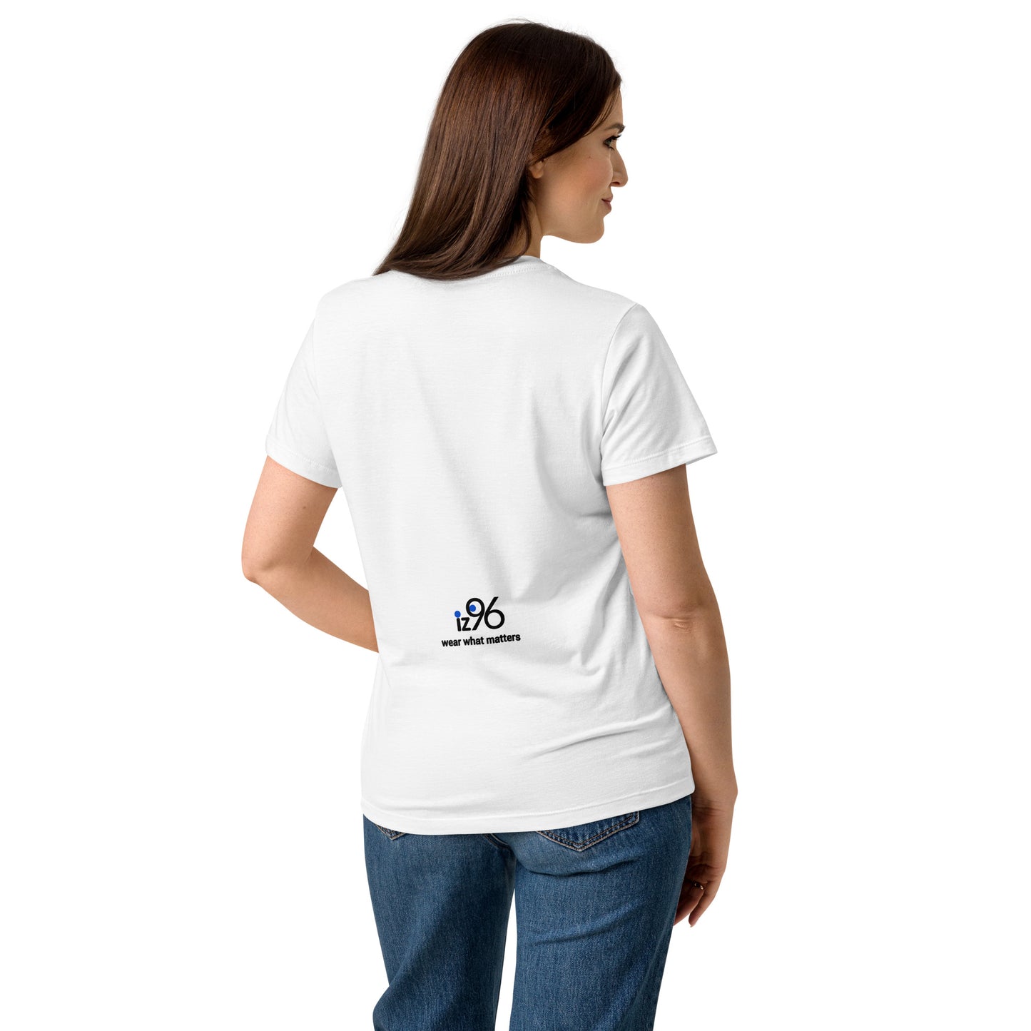 Woman wearing a white t-shirt with unique graphic logo and white background