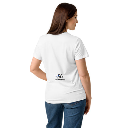 Woman wearing a white t-shirt with unique graphic logo and white background