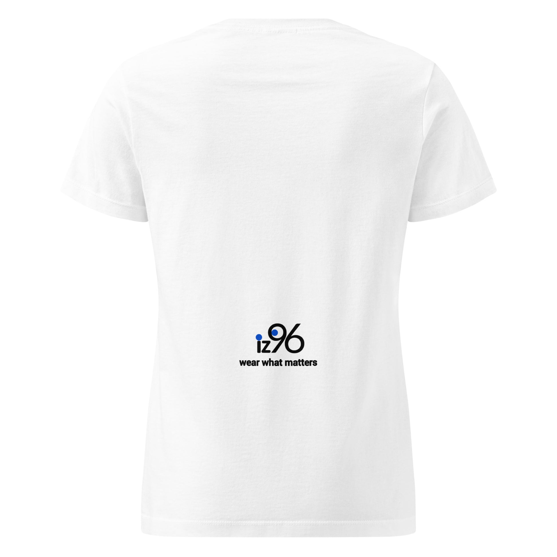 White t-shirt with 'iz96 wear what matters' logo on a white background