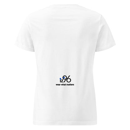 White t-shirt with 'iz96 wear what matters' logo on a white background