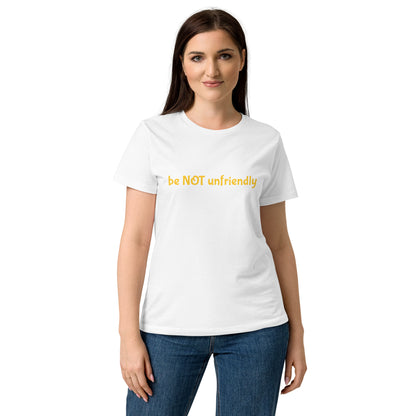 Woman wearing a white t-shirt with a gold graphic design on a white background