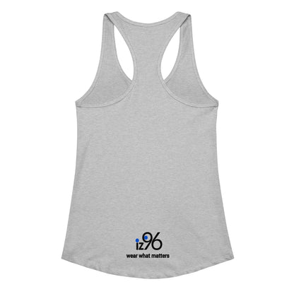 Gray tank top with 'iz96' logo and text on a white background